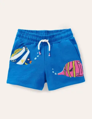 Appliqué Jersey Shorts-Moroccan Blue Fish