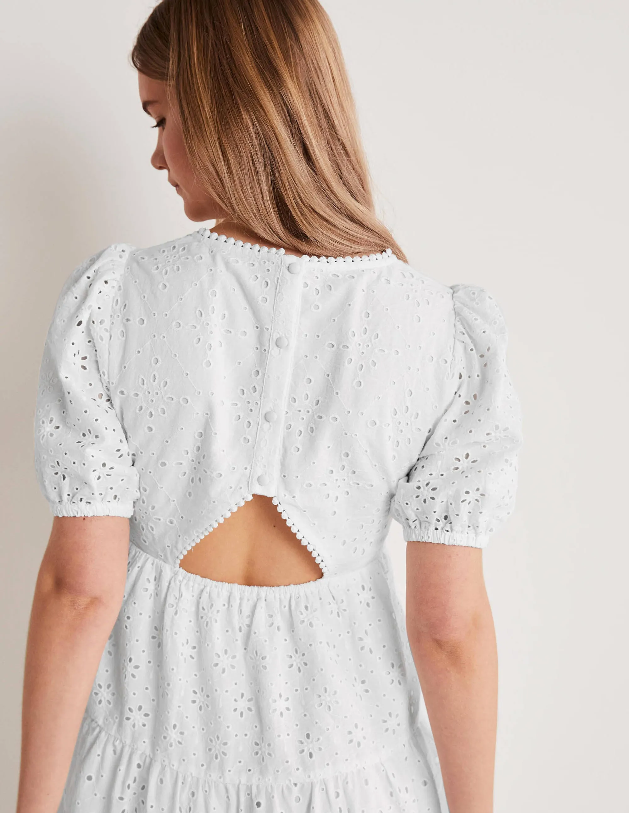 Back Detail Broderie Dress-White