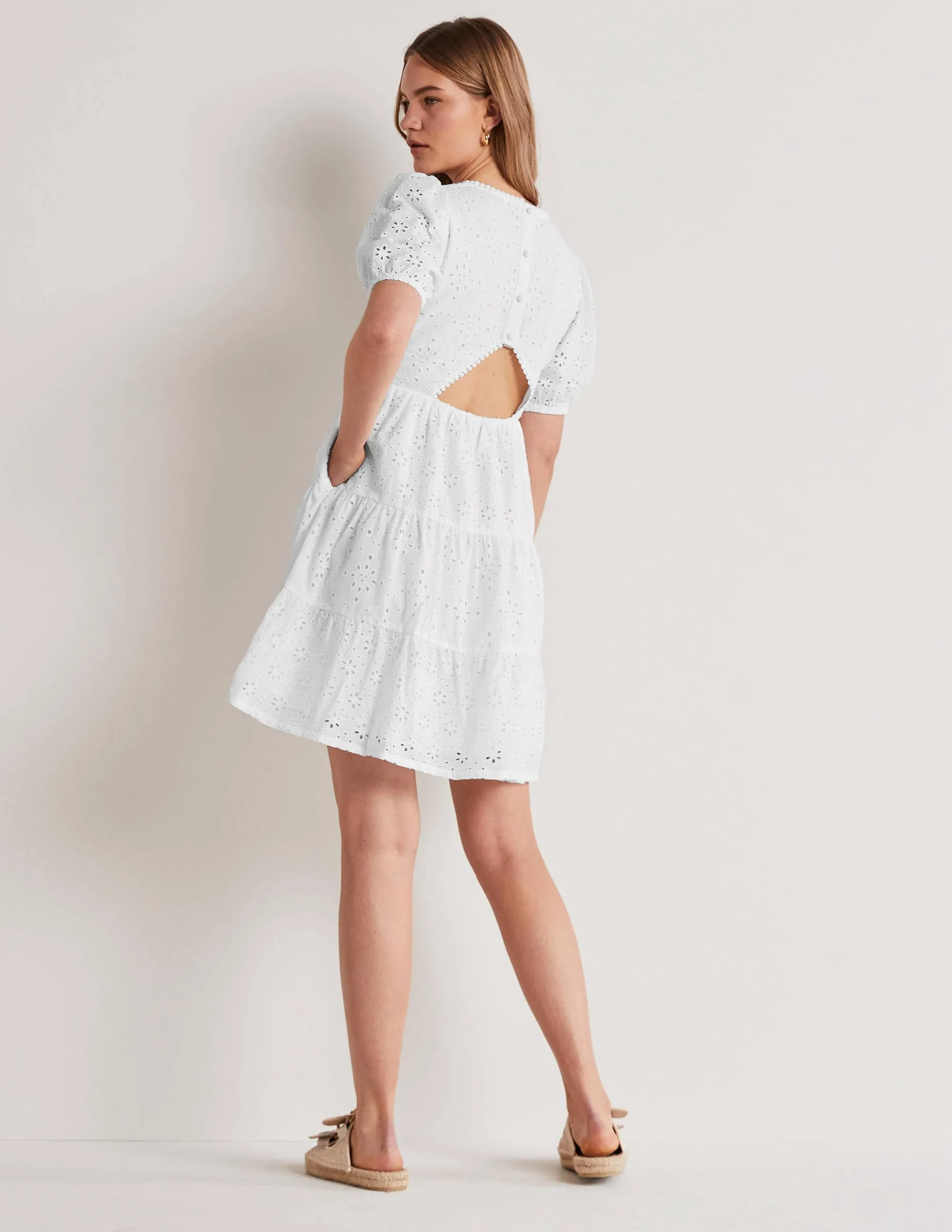 Back Detail Broderie Dress-White
