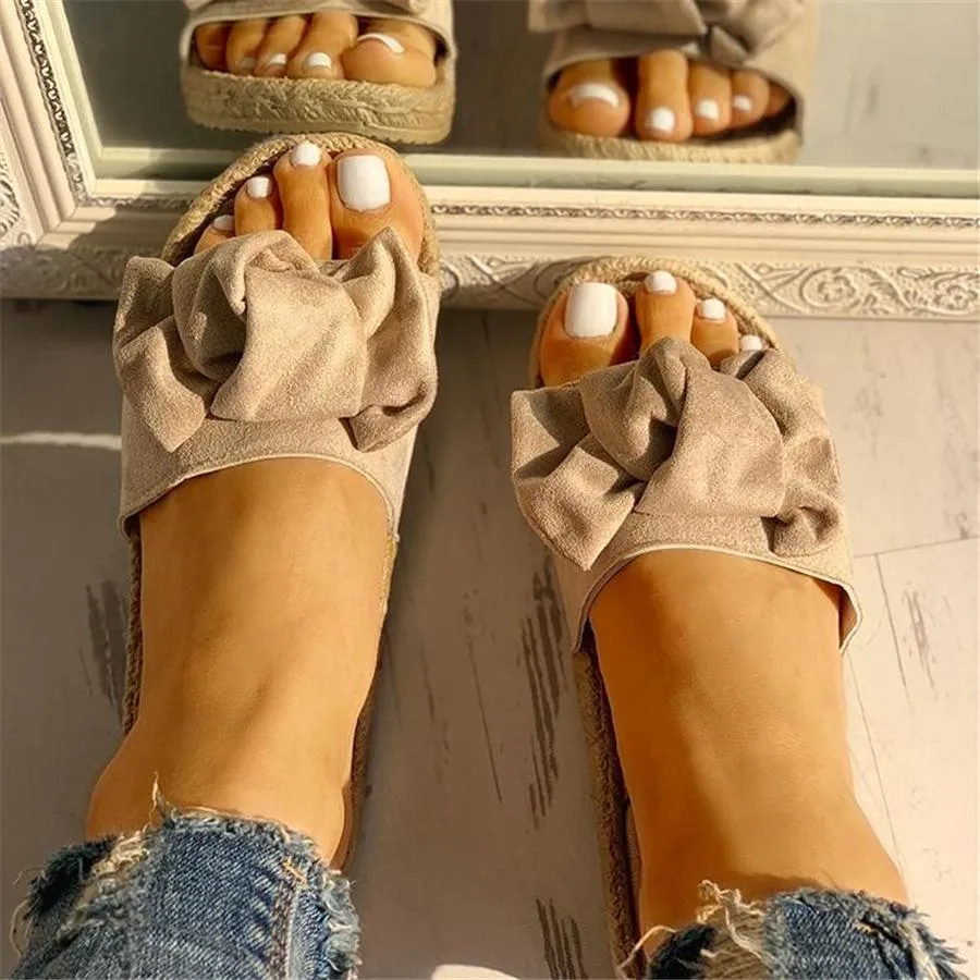 Bowknot Design Hempen Cord Flat Slippers