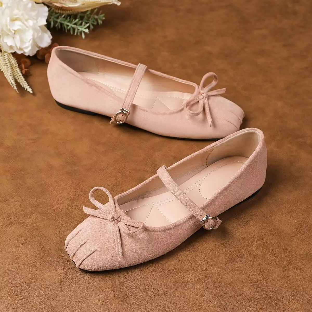 ChaiRong Zhou Women Bowknot Mary Jane Flats Comfortable Suede Shoes Buckle Straps Casual Ballet Dance Shoes