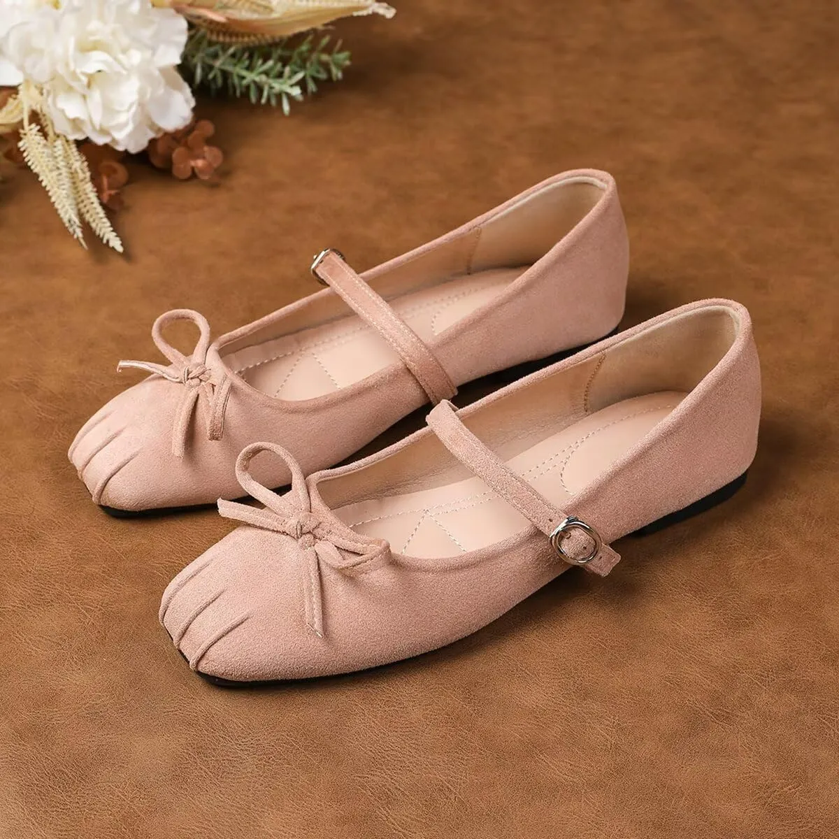 ChaiRong Zhou Women Bowknot Mary Jane Flats Comfortable Suede Shoes Buckle Straps Casual Ballet Dance Shoes