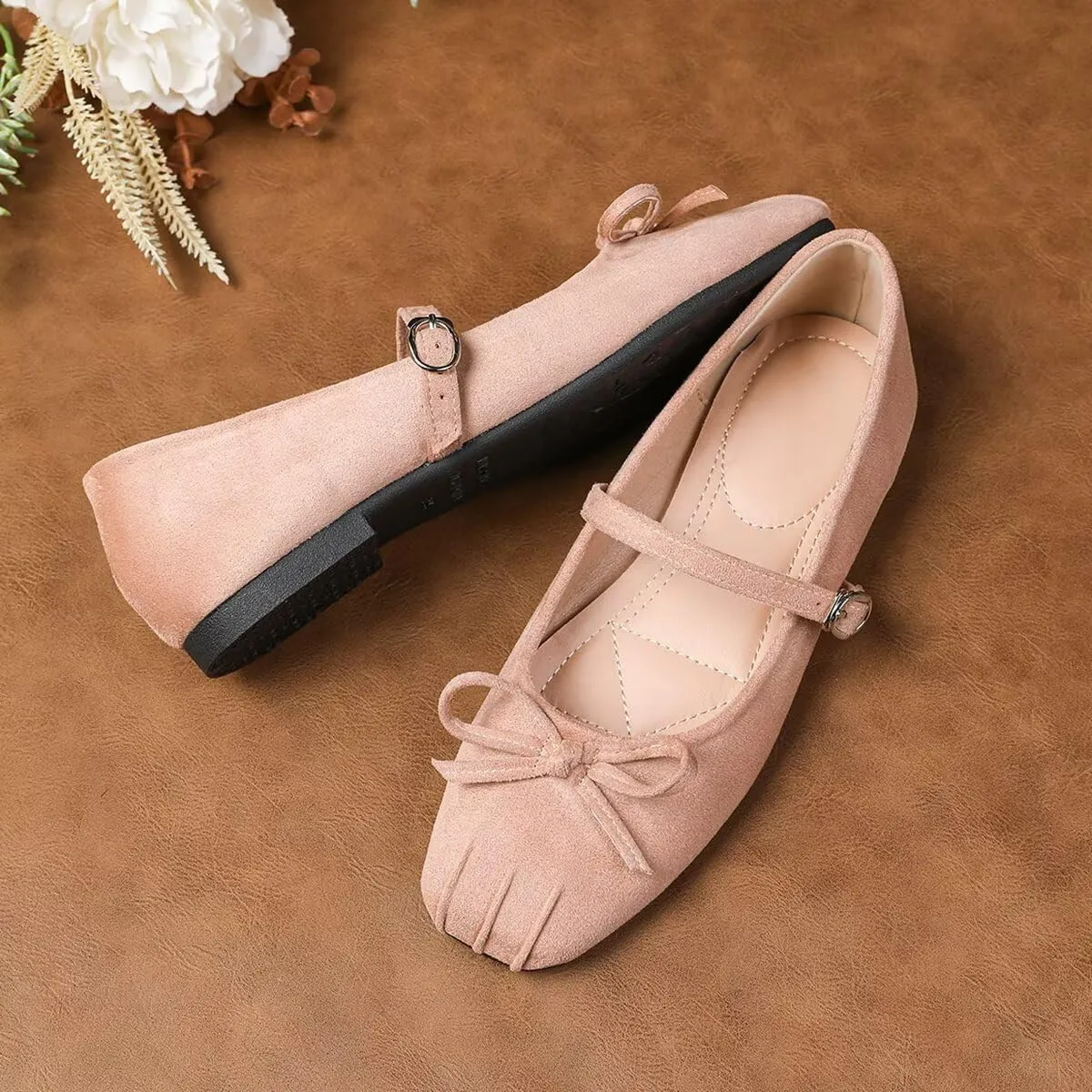 ChaiRong Zhou Women Bowknot Mary Jane Flats Comfortable Suede Shoes Buckle Straps Casual Ballet Dance Shoes