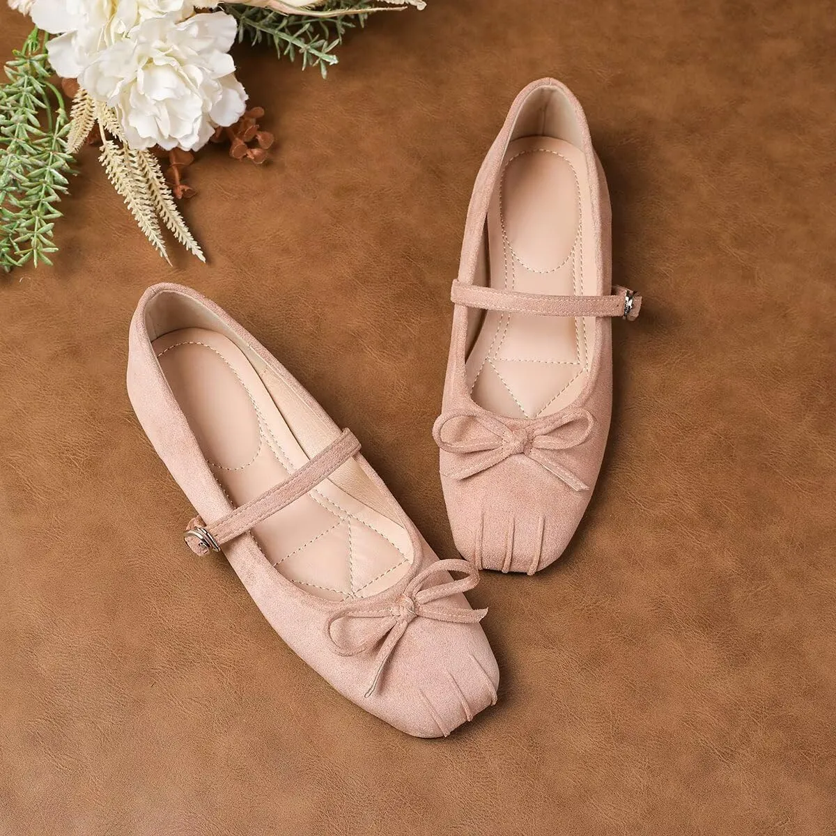 ChaiRong Zhou Women Bowknot Mary Jane Flats Comfortable Suede Shoes Buckle Straps Casual Ballet Dance Shoes
