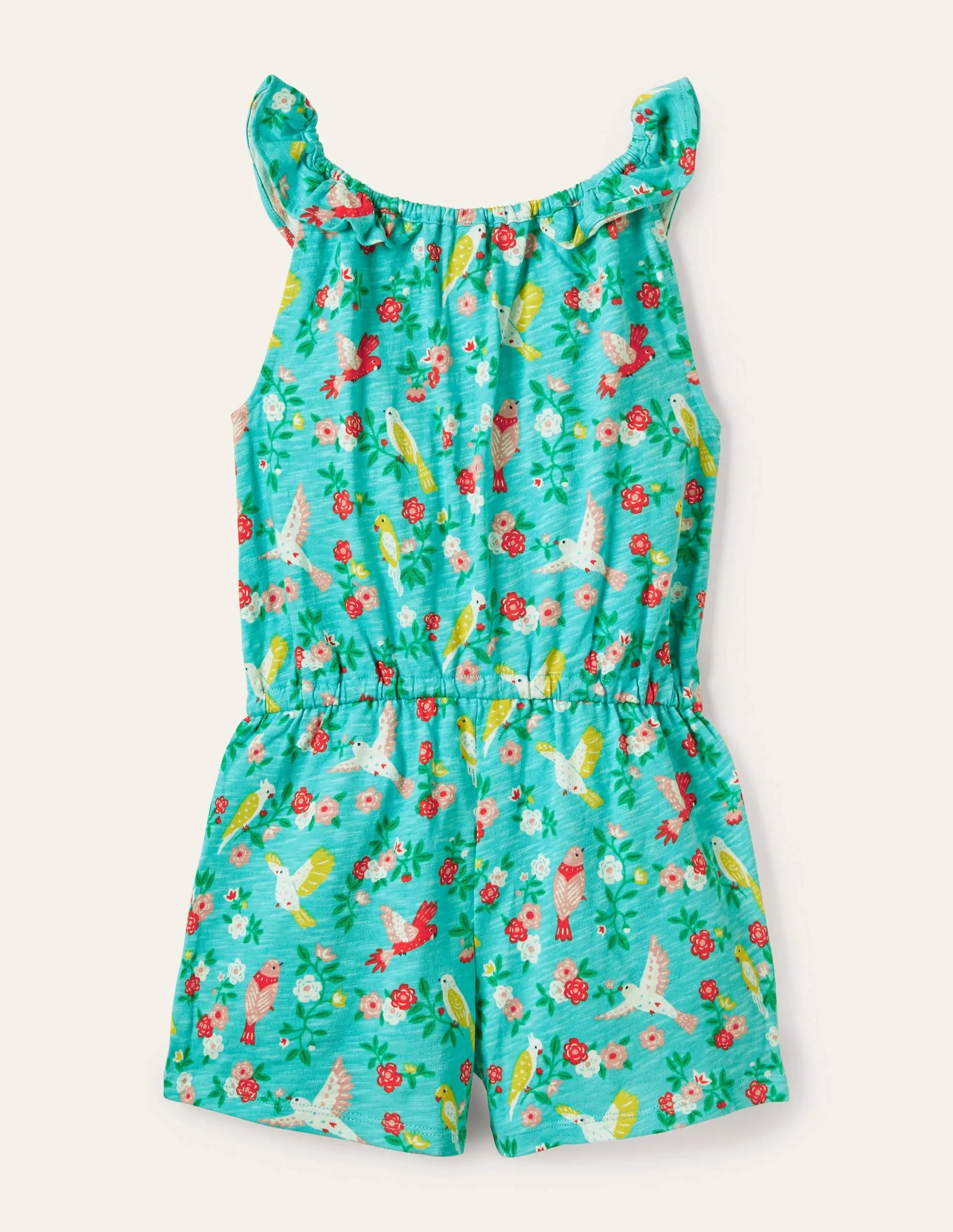Charlie Pom Jersey Playsuit-Turquoise Tropical Garden