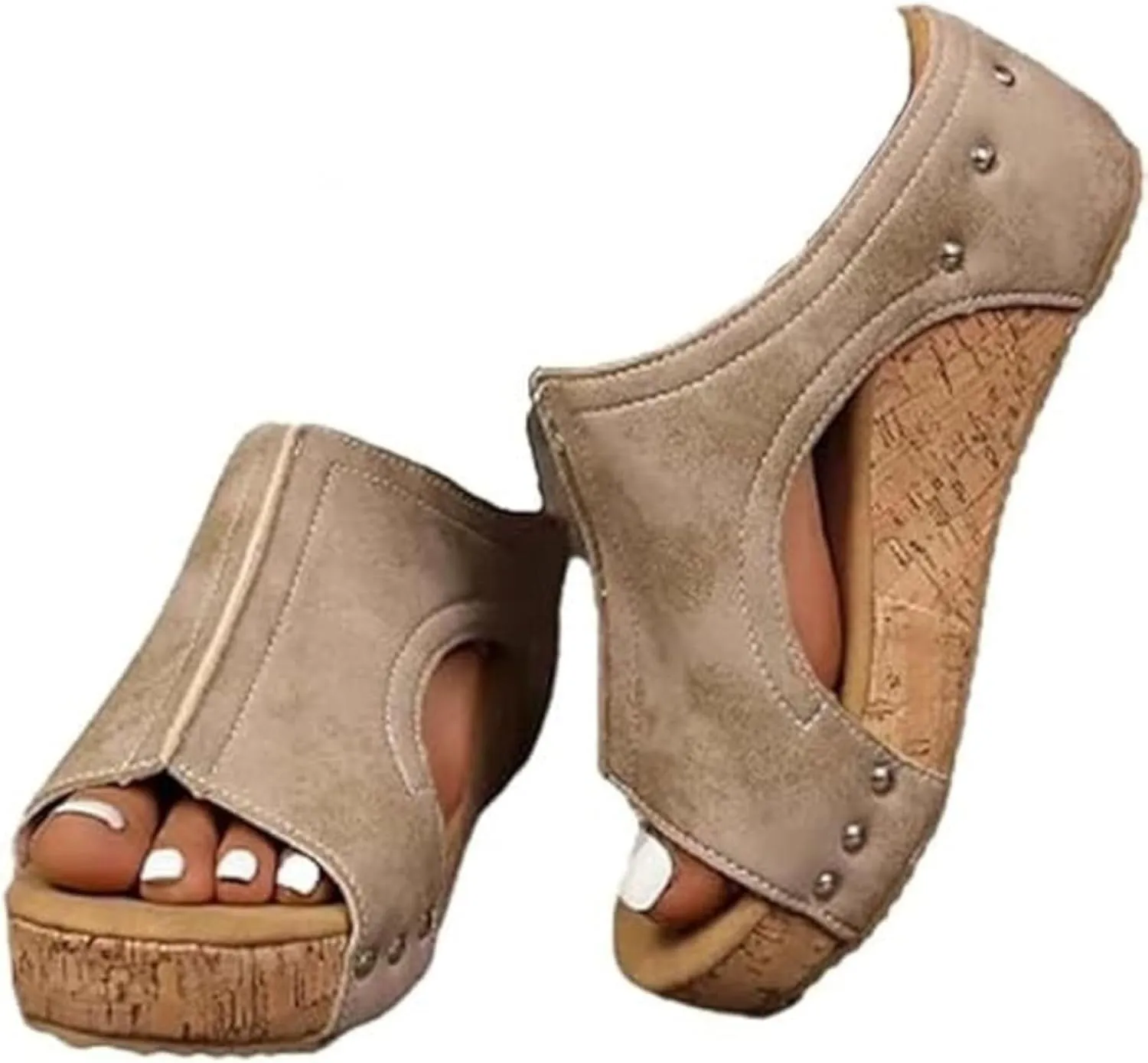 Cork Wedge Sandals for Women, Women's Thick Sole Comfy Leather Wedges Dressy Comfortable Platform Sandals Non Slip Summer Slides Casual Dress Shoes