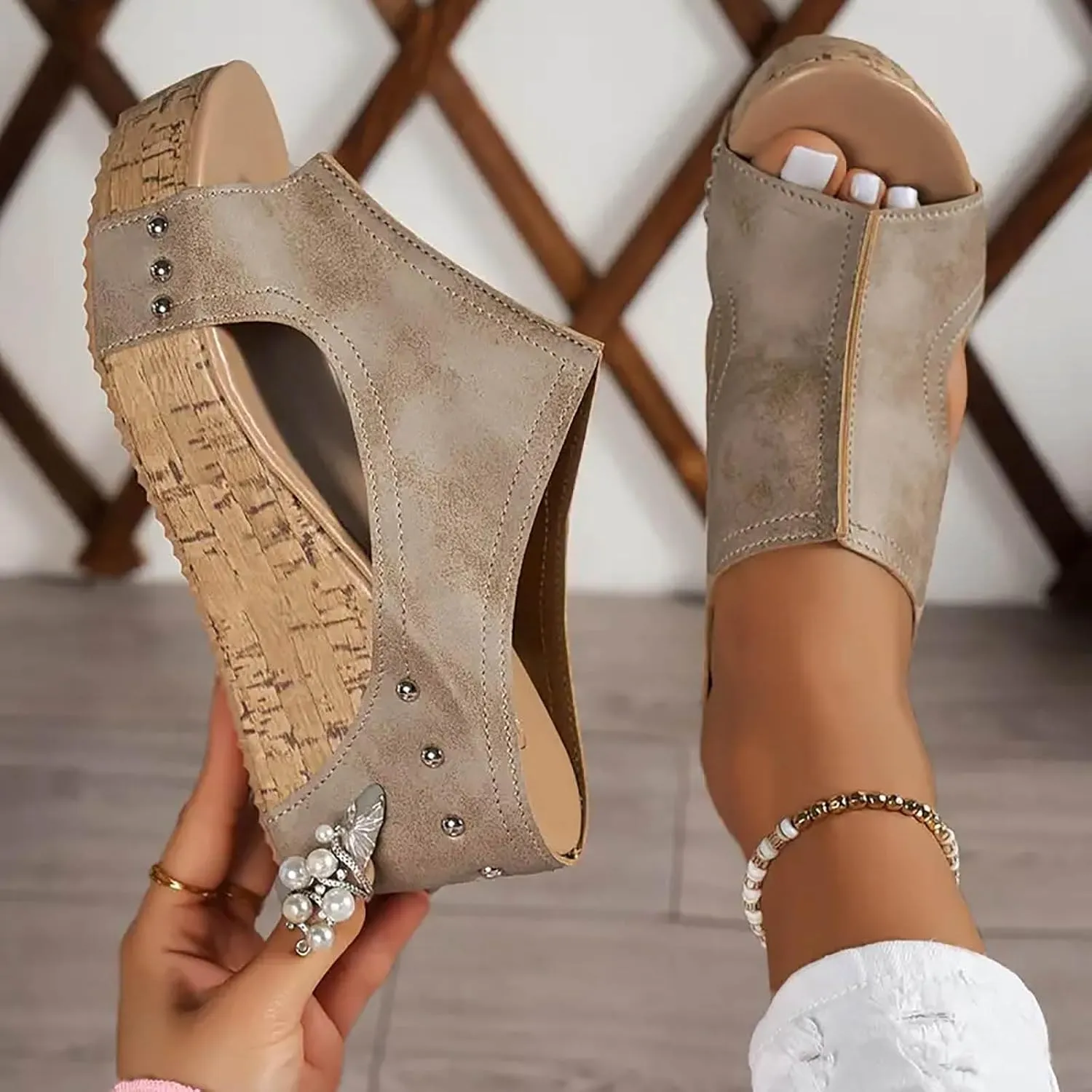Cork Wedge Sandals for Women, Women's Thick Sole Comfy Leather Wedges Dressy Comfortable Platform Sandals Non Slip Summer Slides Casual Dress Shoes