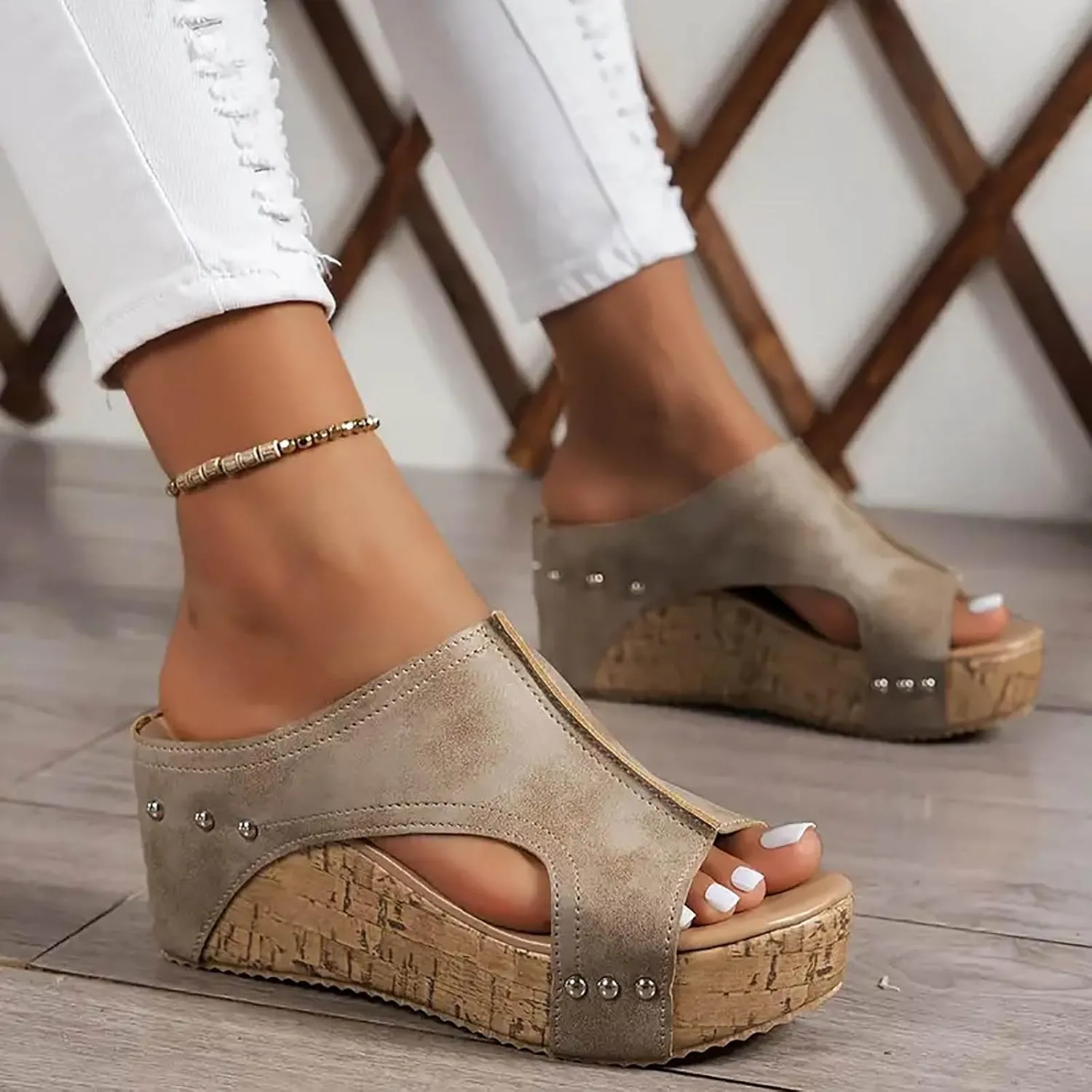 Cork Wedge Sandals for Women, Women's Thick Sole Comfy Leather Wedges Dressy Comfortable Platform Sandals Non Slip Summer Slides Casual Dress Shoes