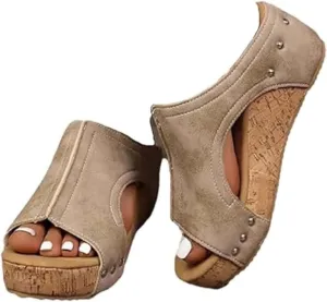Cork Wedge Sandals for Women, Women's Thick Sole Comfy Leather Wedges Dressy Comfortable Platform Sandals Non Slip Summer Slides Casual Dress Shoes