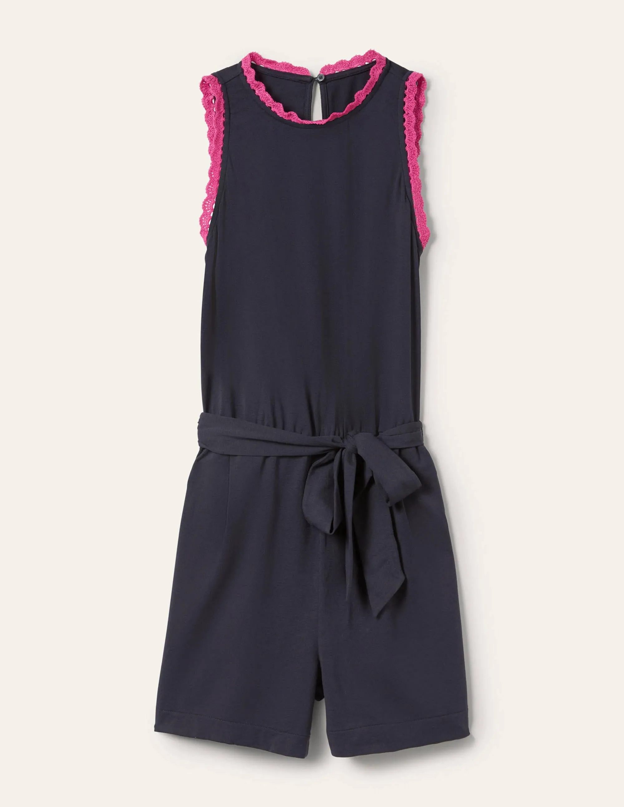 Crochet Detail Jersey Playsuit-Navy