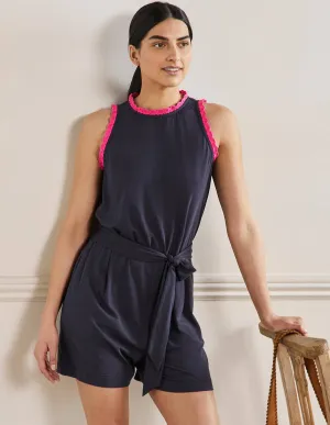 Crochet Detail Jersey Playsuit-Navy