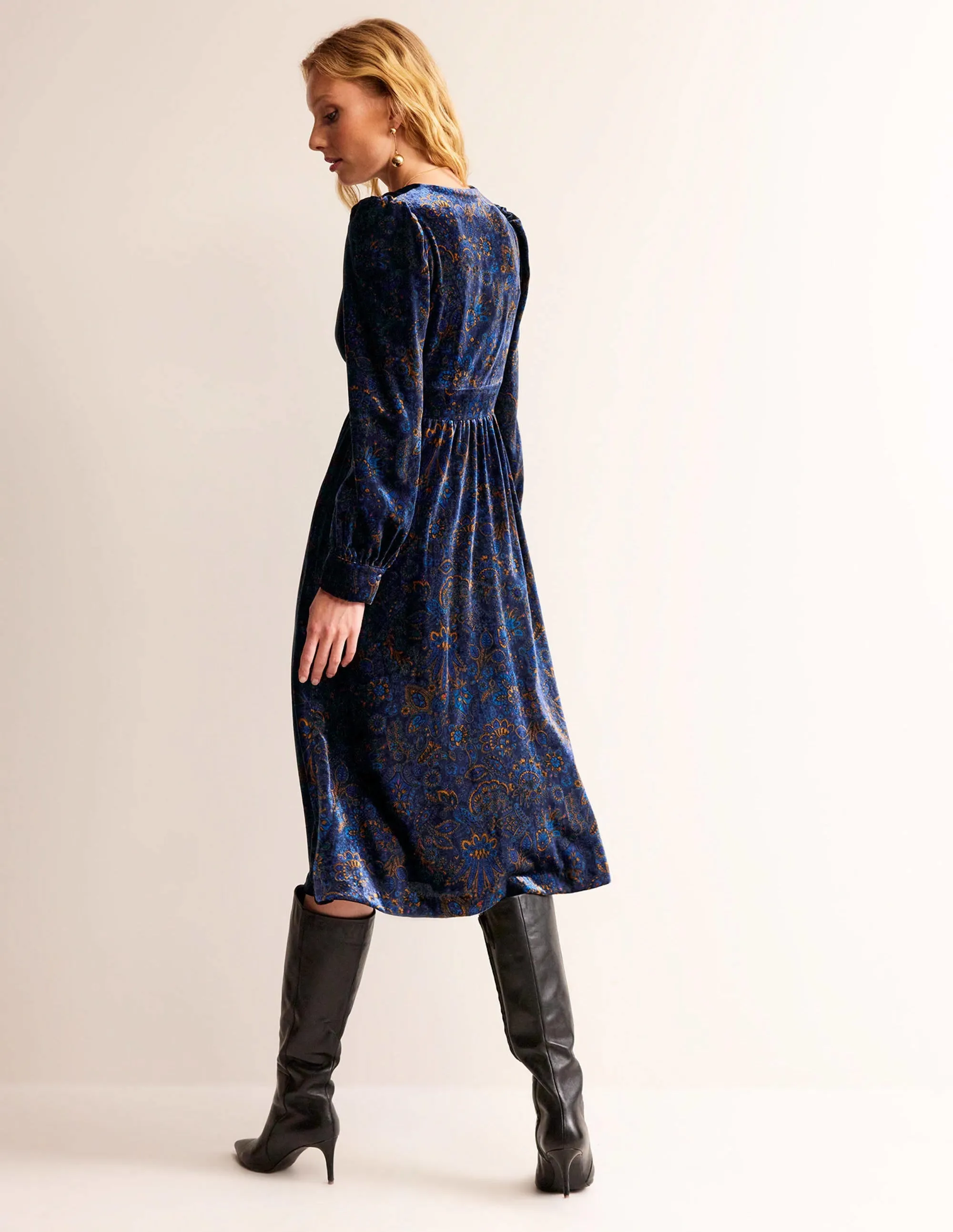 Elise Velvet Midi Dress-French Navy, Azalea Bloom
