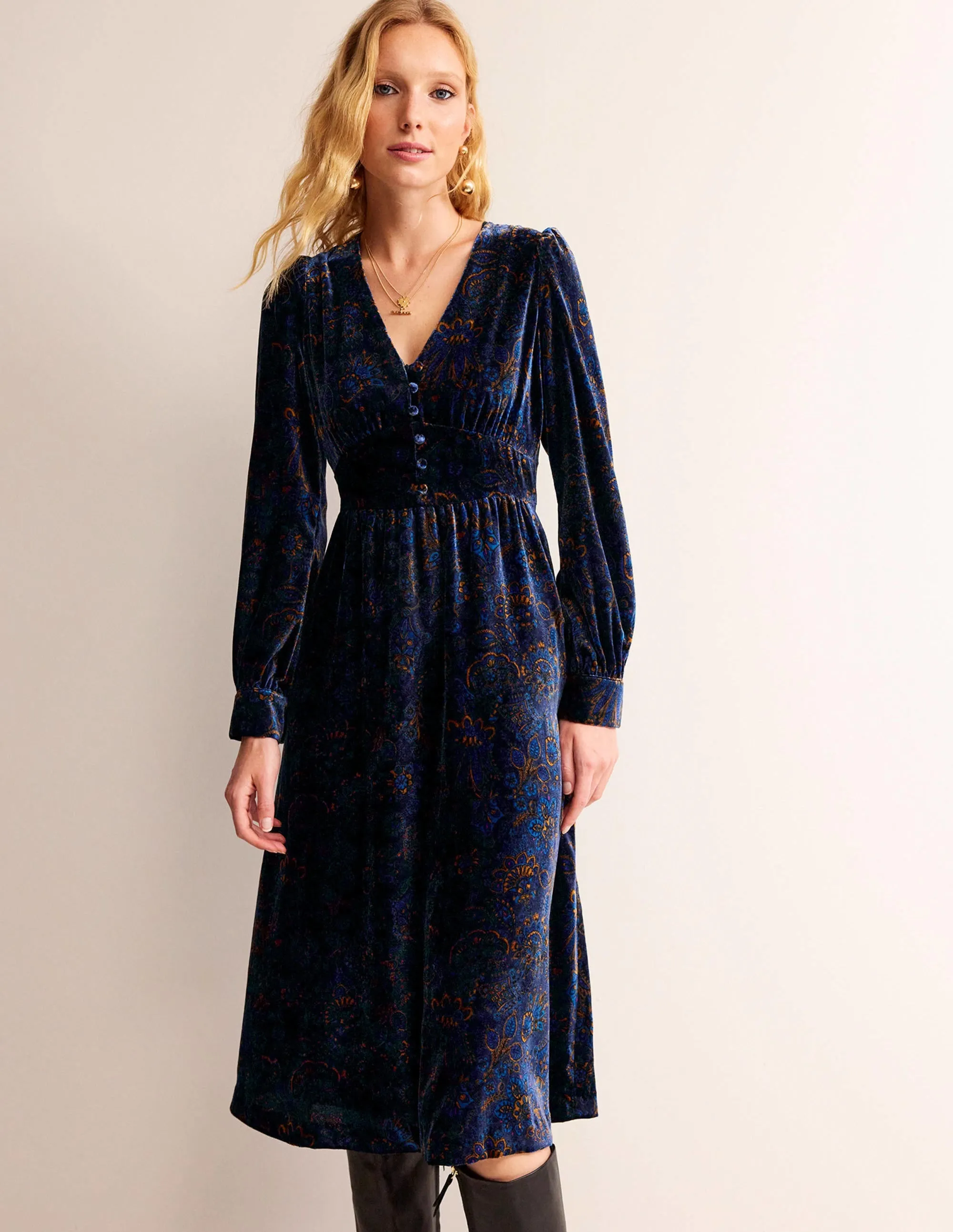 Elise Velvet Midi Dress-French Navy, Azalea Bloom