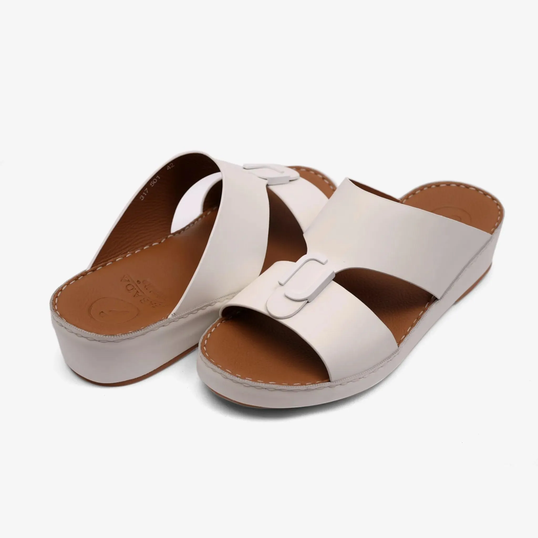 FARADA MATTE LEATHER SLIM ICONIC DOUBLE F TRIM ARABIC SANDAL WHITE