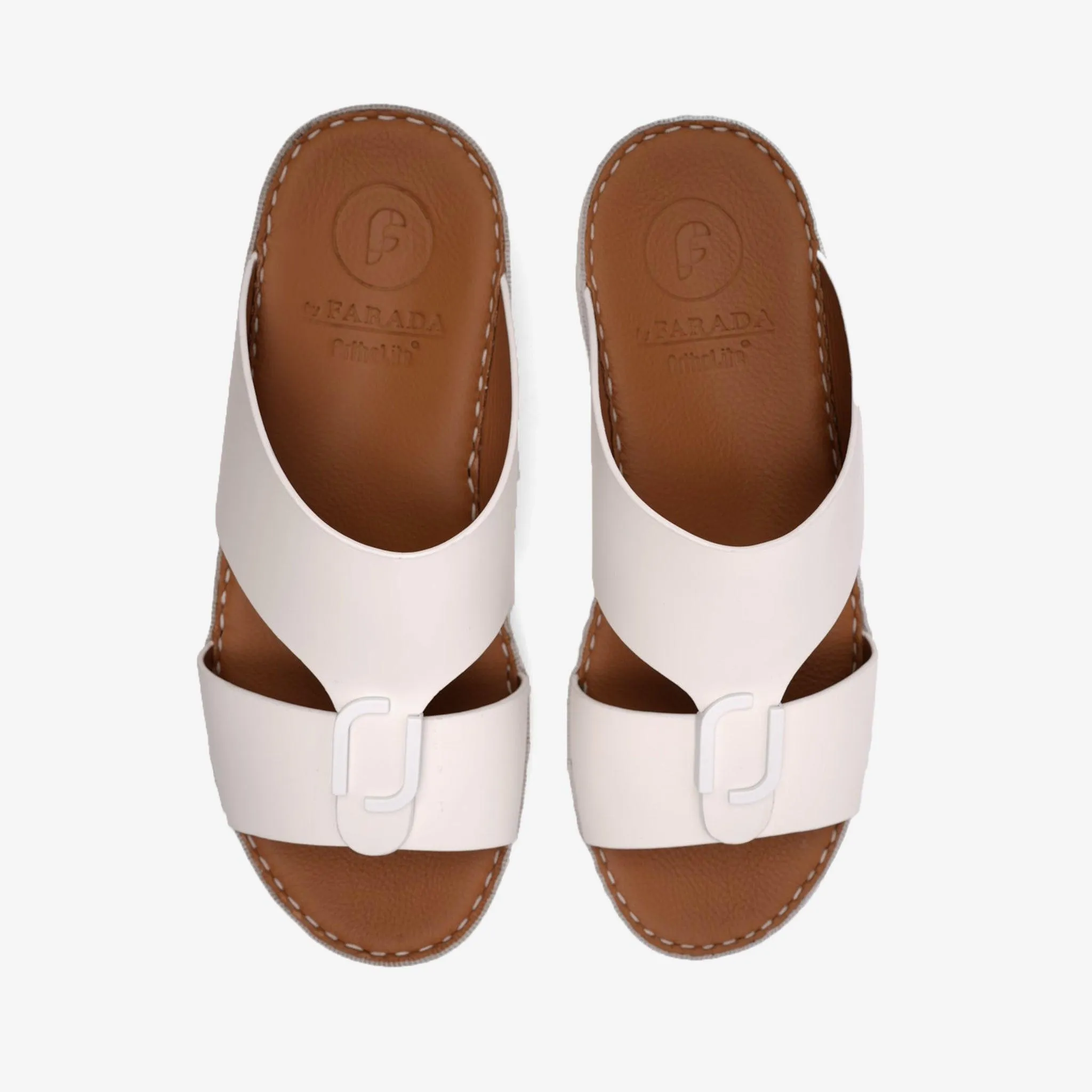 FARADA MATTE LEATHER SLIM ICONIC DOUBLE F TRIM ARABIC SANDAL WHITE