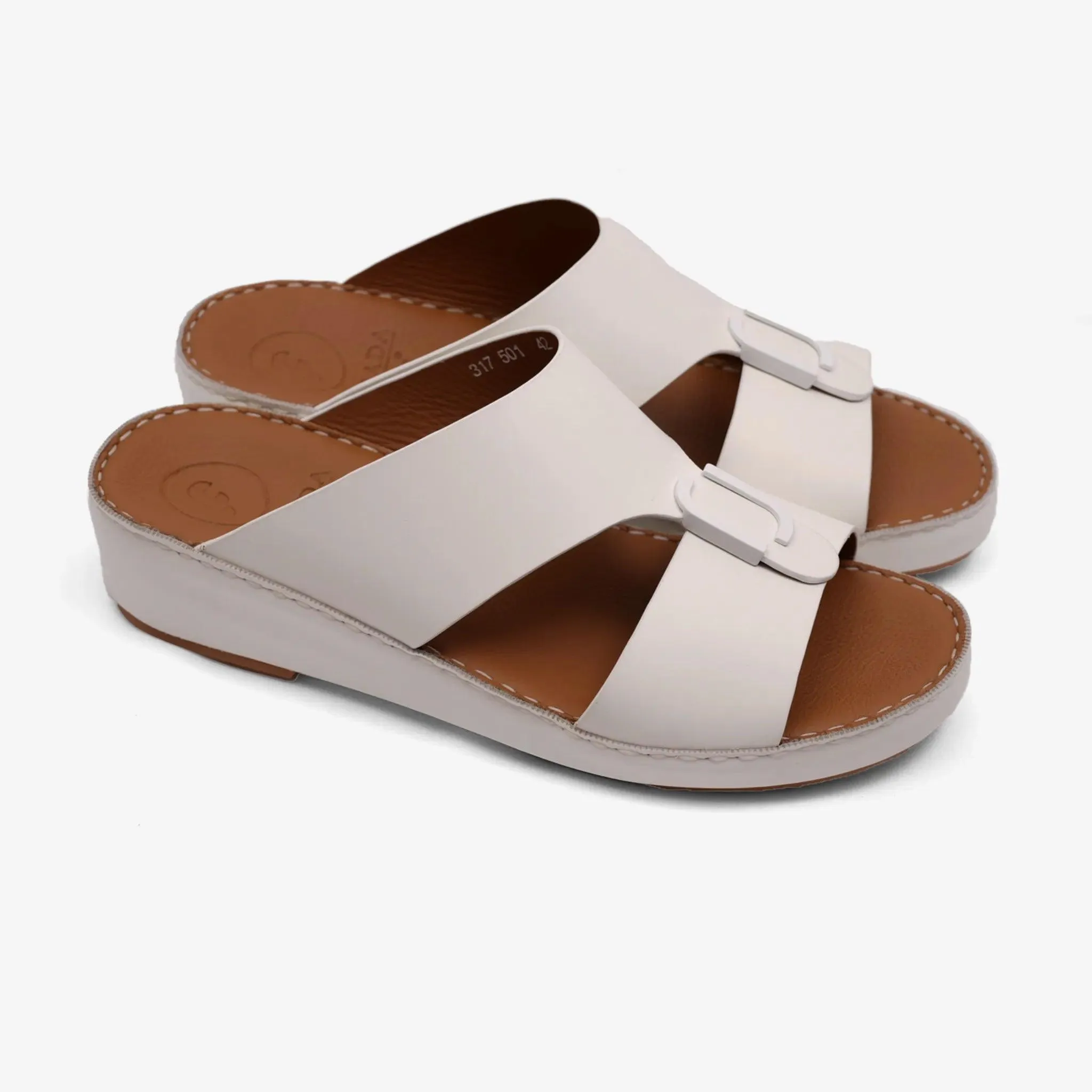 FARADA MATTE LEATHER SLIM ICONIC DOUBLE F TRIM ARABIC SANDAL WHITE
