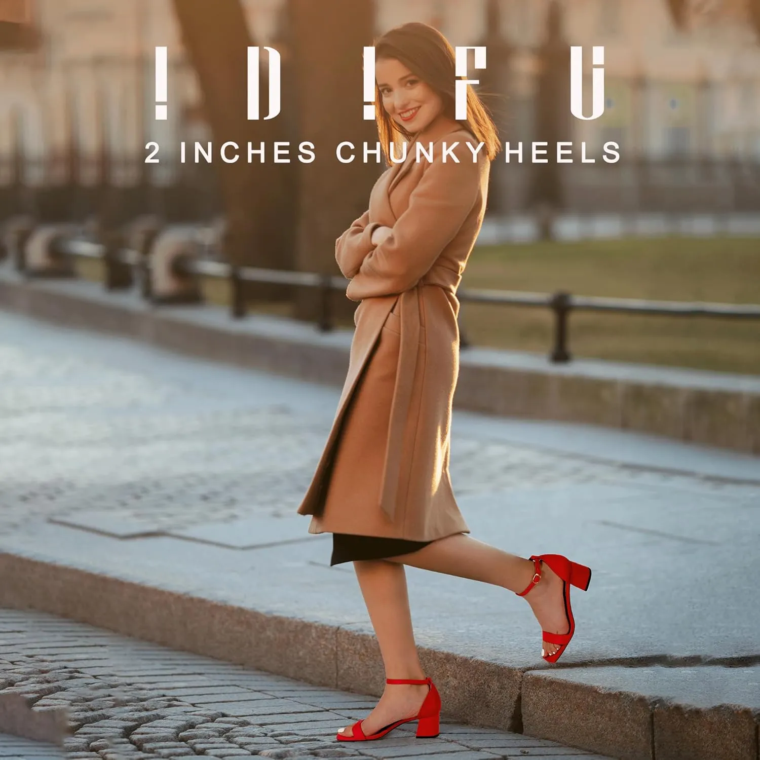 IDIFU IN2 Chunky Block Low Heels Square Open Toe Ankle Strap Short Heeled Sandals Wedding Bride Bridal Ladies Summer Prom Dress Shoes for Women Dressy Comfortable Formal Cute Trendy Small Thick Heels