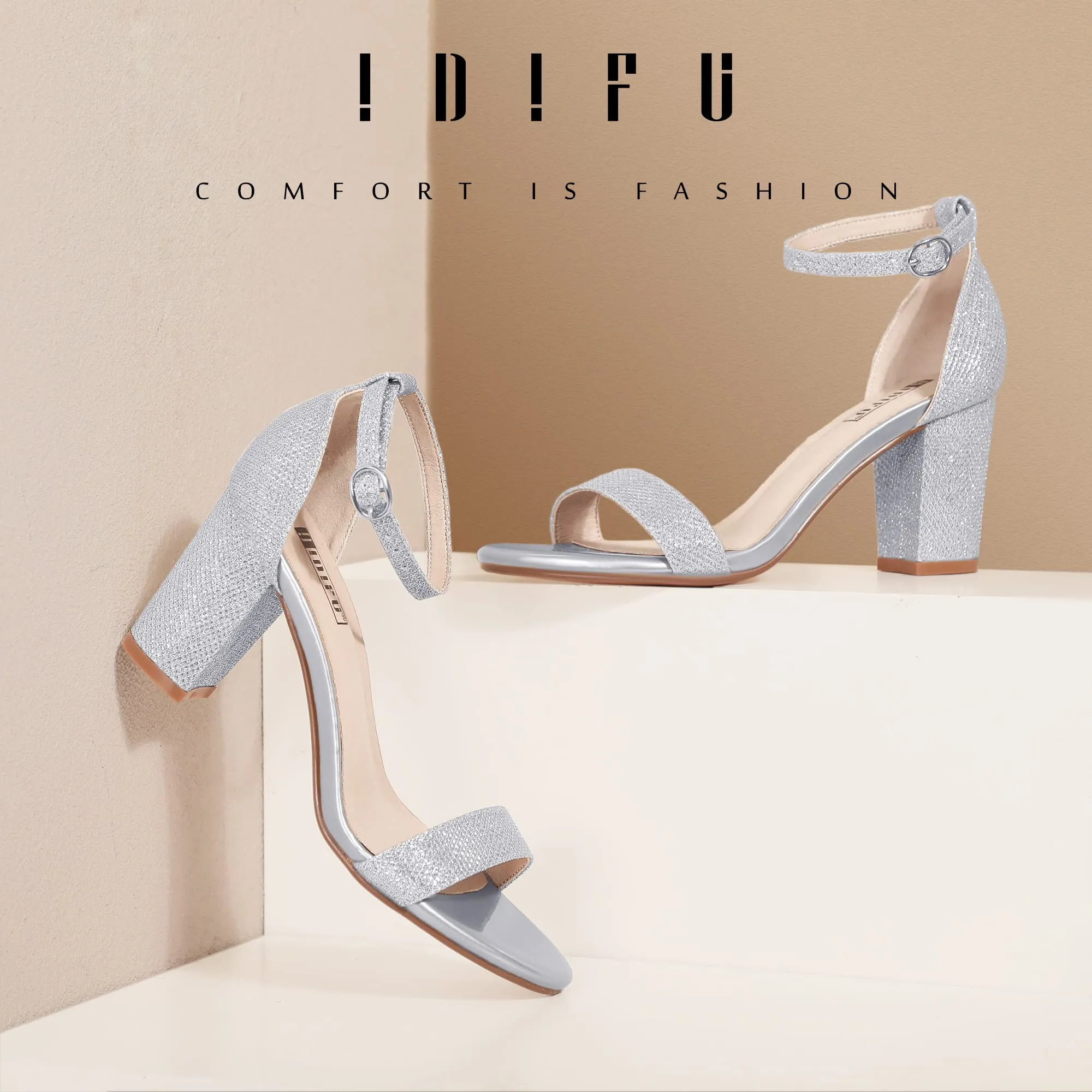 IDIFU Silver Heels for Women Cookie-MI Block Heels 3 Inch Sandals Chunky Open Toe Heel Wedding Homecoming Dress Shoes for Women Brides Ladies (Silver Glitter, 8.5 B(M) US)