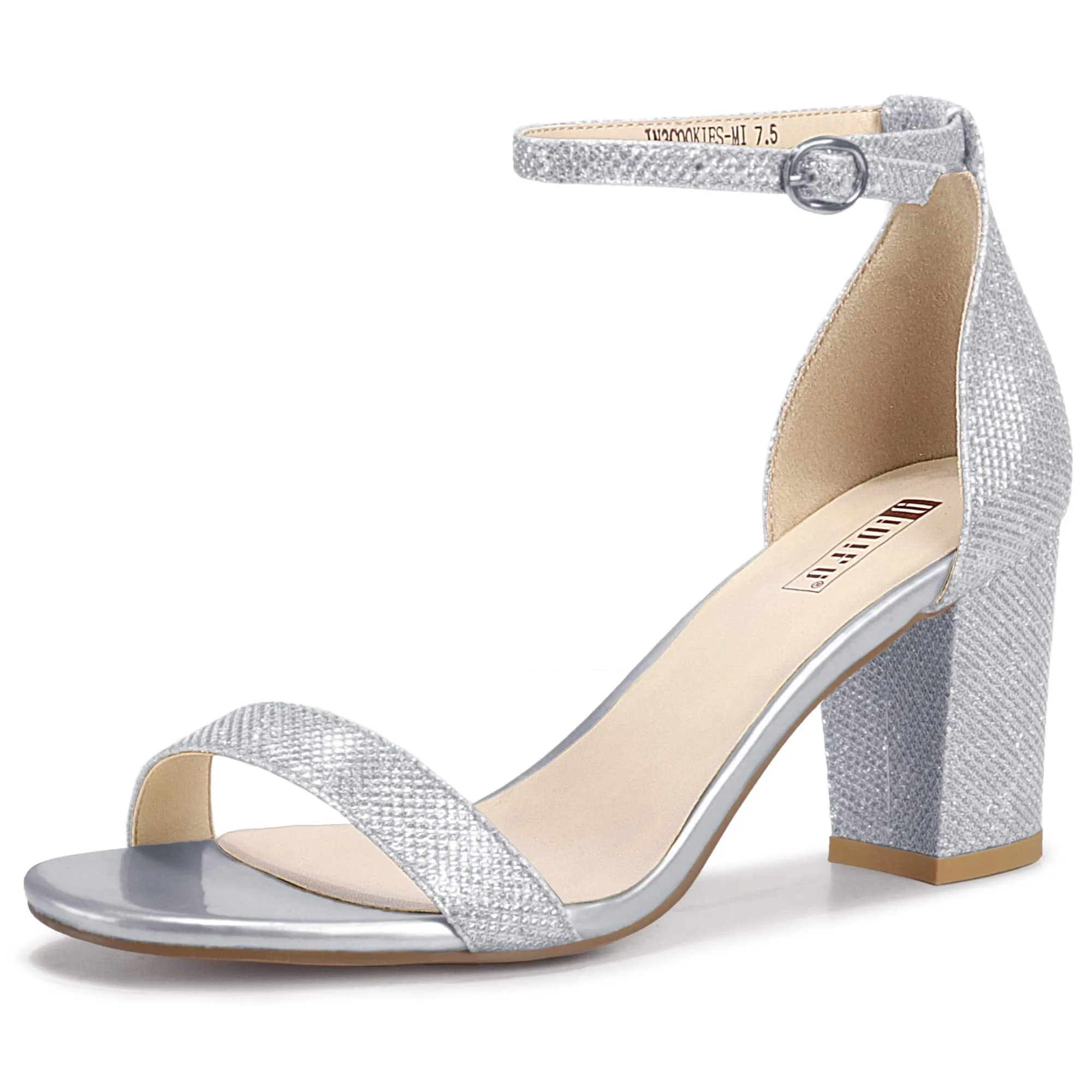 IDIFU Silver Heels for Women Cookie-MI Block Heels 3 Inch Sandals Chunky Open Toe Heel Wedding Homecoming Dress Shoes for Women Brides Ladies (Silver Glitter, 8.5 B(M) US)