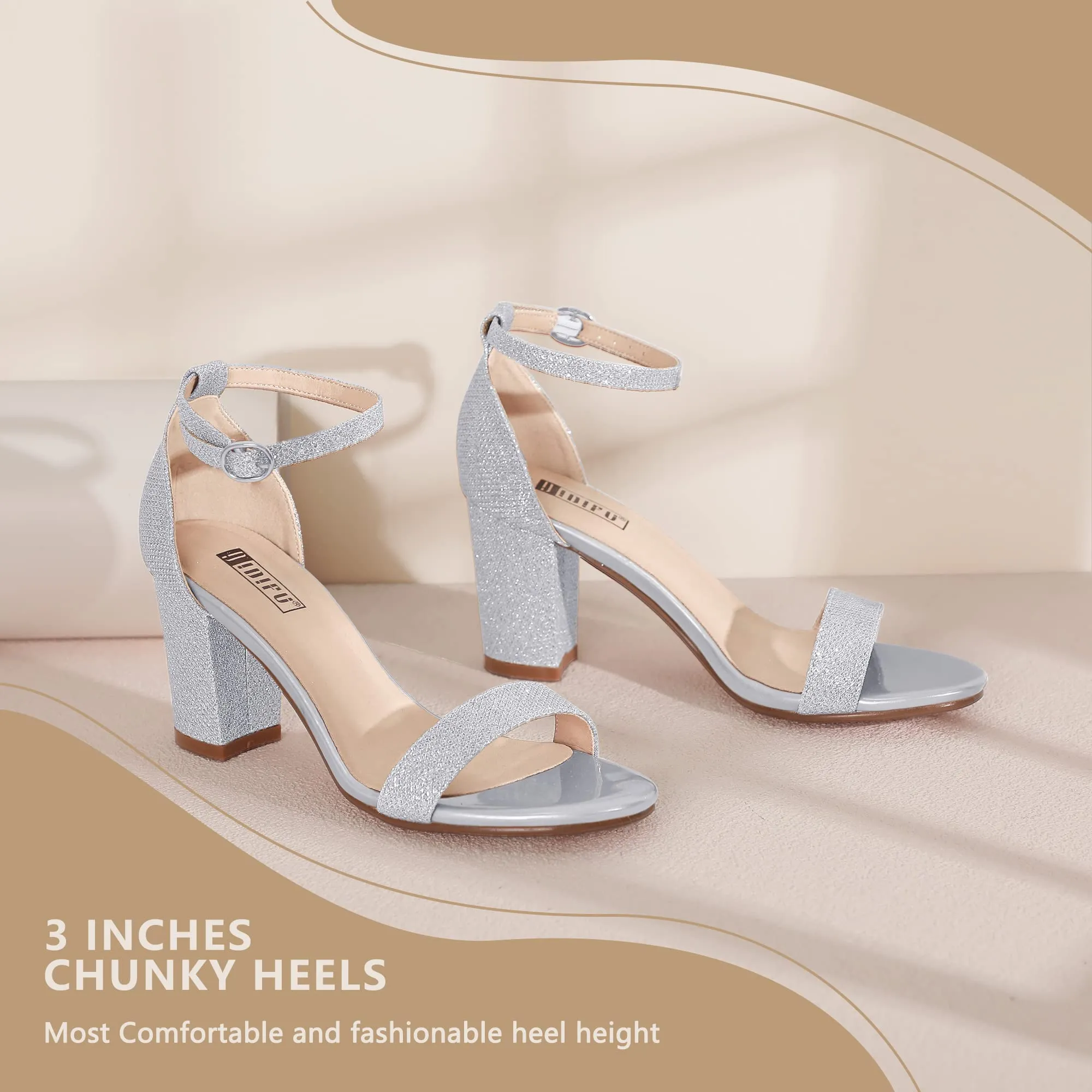 IDIFU Silver Heels for Women Cookie-MI Block Heels 3 Inch Sandals Chunky Open Toe Heel Wedding Homecoming Dress Shoes for Women Brides Ladies (Silver Glitter, 8.5 B(M) US)