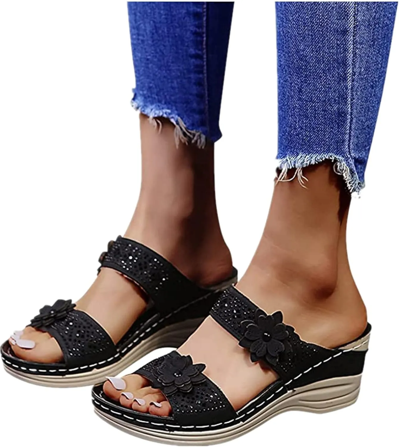 Lausiuoe Sandals Women Dressy Summer Flat Arch Support Fashion Orthotic Slides Comfy Slip On Orthopedic Slippers Flip Flops