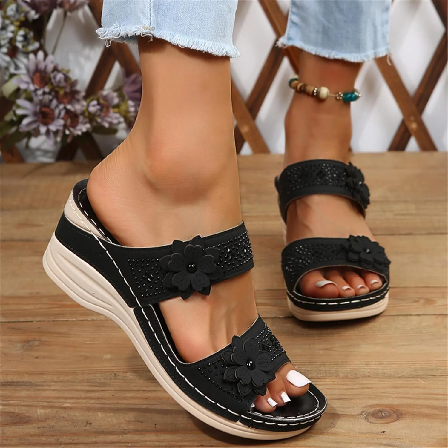 Lausiuoe Sandals Women Dressy Summer Flat Arch Support Fashion Orthotic Slides Comfy Slip On Orthopedic Slippers Flip Flops