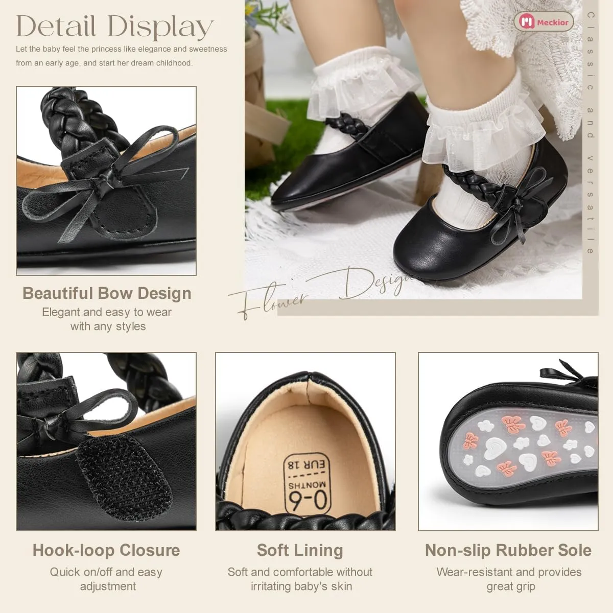 Meckior Infant Baby Girls Boys Handmade Princess Flats Toddler First Walkers Soft PU Leather Non-Slip Crib Wedding Dress Shoes