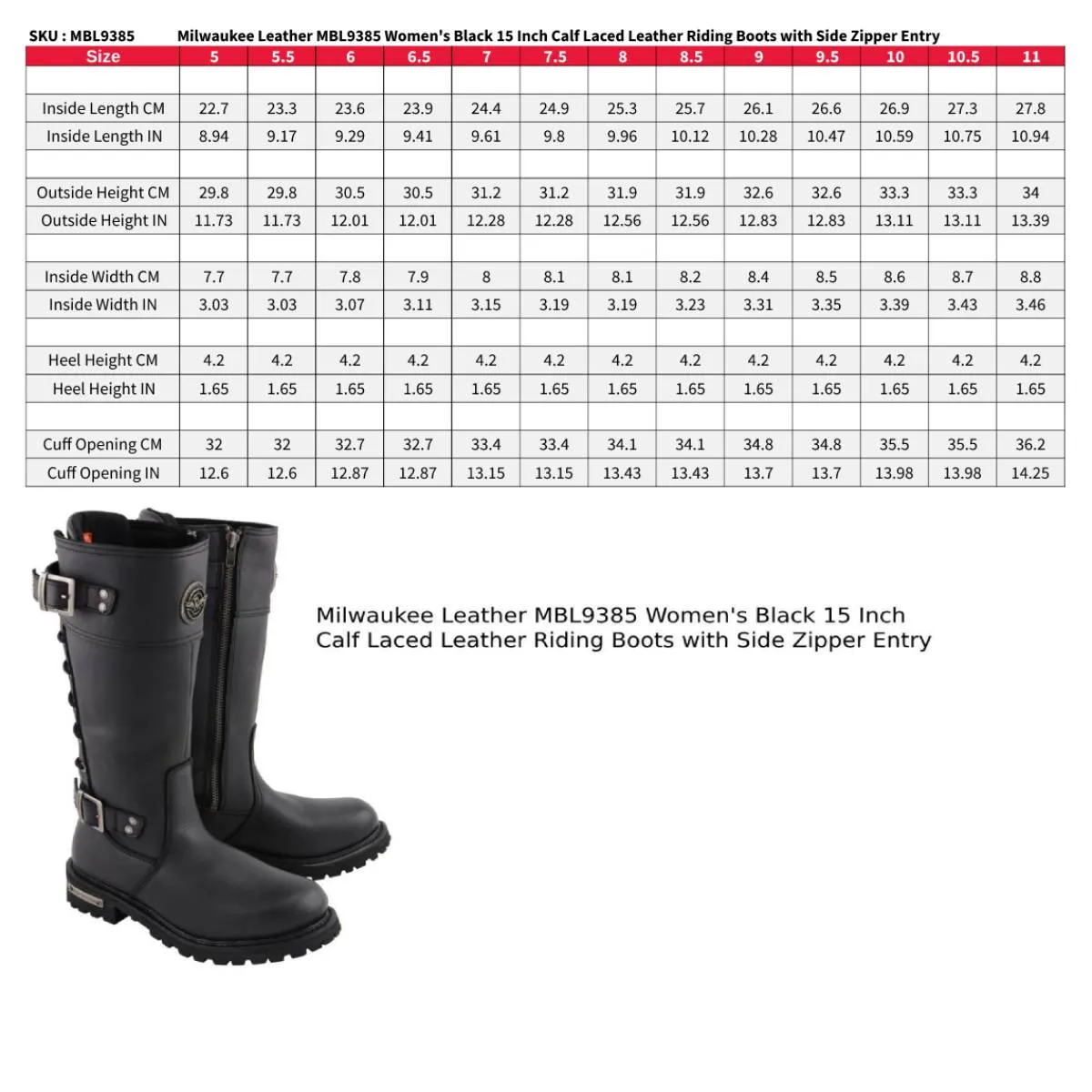 Milwaukee Leather MBL9385 Women's Black Leather 15-Inch Calf Laced