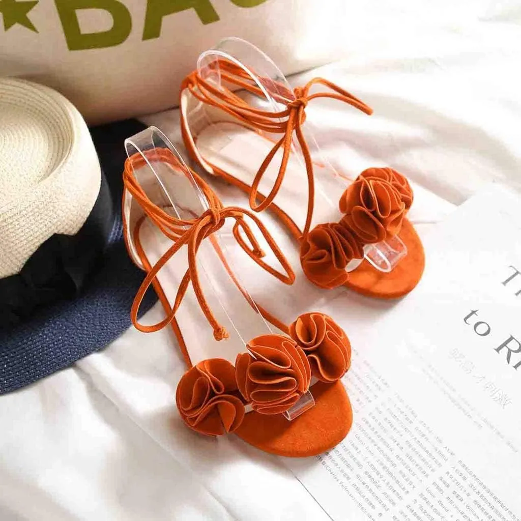 MIOKE Women's Bohemia Flowers Flat Sandals Open Toe Lace Up Strappy Comfort Boho Summer Beach Dress Shoes