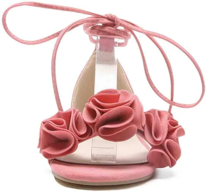MIOKE Women's Bohemia Flowers Flat Sandals Open Toe Lace Up Strappy Comfort Boho Summer Beach Dress Shoes