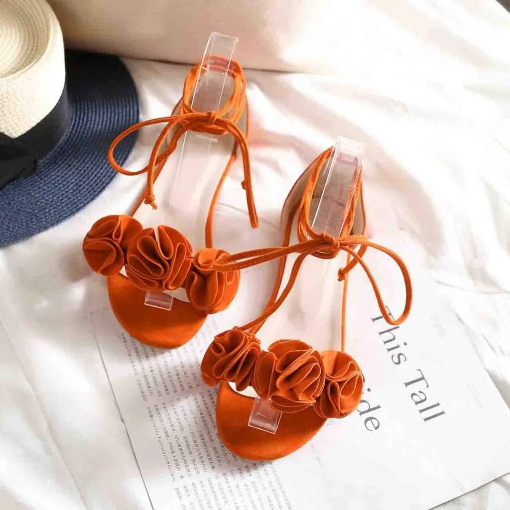 MIOKE Women's Bohemia Flowers Flat Sandals Open Toe Lace Up Strappy Comfort Boho Summer Beach Dress Shoes
