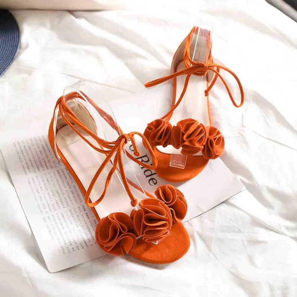 MIOKE Women's Bohemia Flowers Flat Sandals Open Toe Lace Up Strappy Comfort Boho Summer Beach Dress Shoes