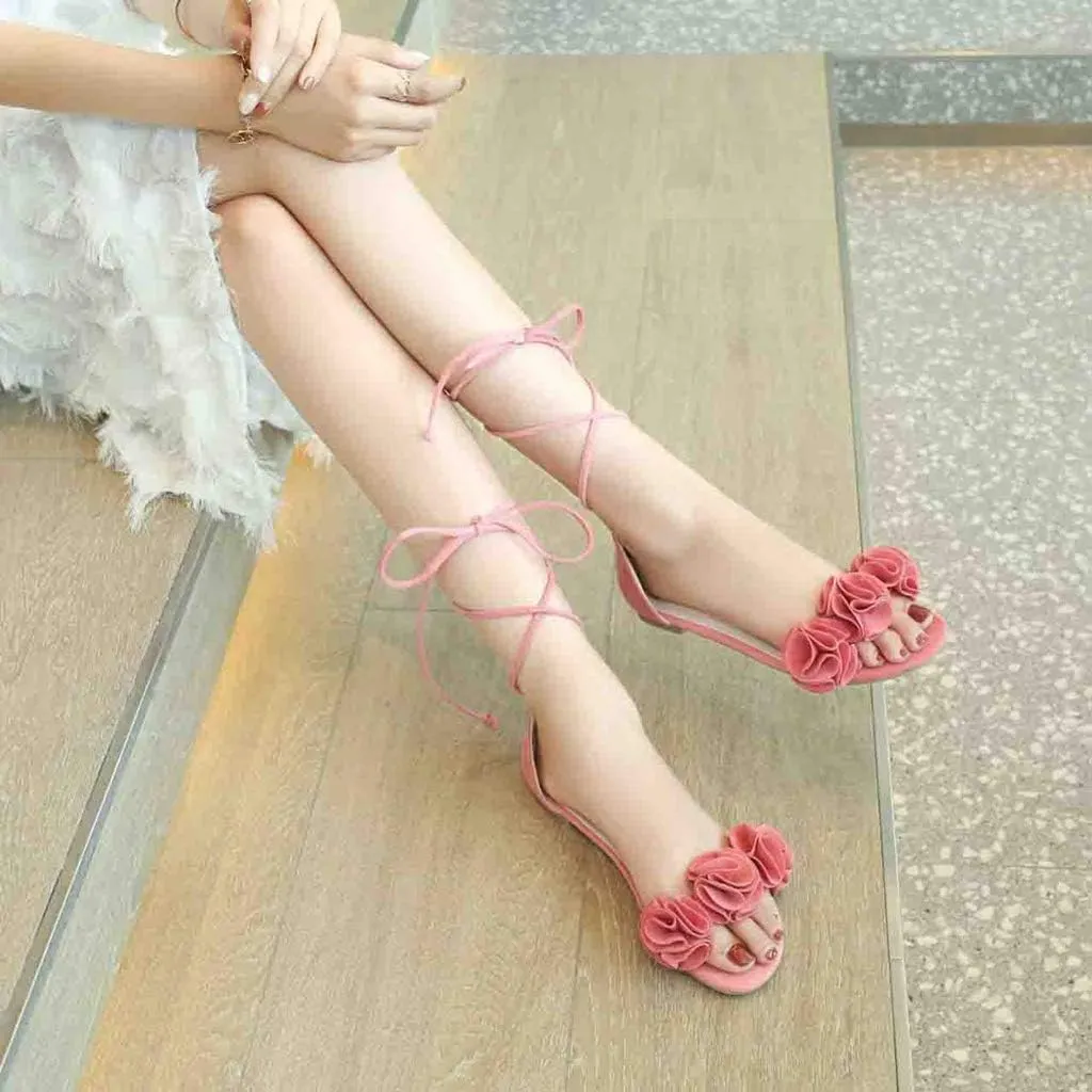 MIOKE Women's Bohemia Flowers Flat Sandals Open Toe Lace Up Strappy Comfort Boho Summer Beach Dress Shoes