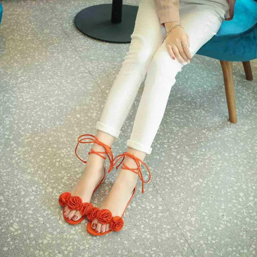 MIOKE Women's Bohemia Flowers Flat Sandals Open Toe Lace Up Strappy Comfort Boho Summer Beach Dress Shoes