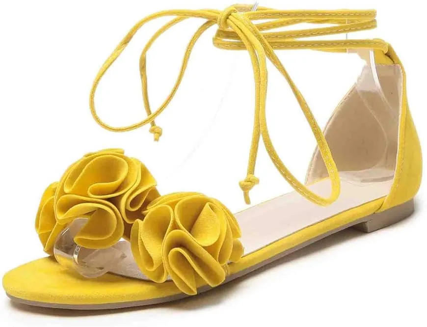 MIOKE Women's Bohemia Flowers Flat Sandals Open Toe Lace Up Strappy Comfort Boho Summer Beach Dress Shoes