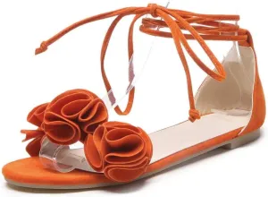 MIOKE Women's Bohemia Flowers Flat Sandals Open Toe Lace Up Strappy Comfort Boho Summer Beach Dress Shoes