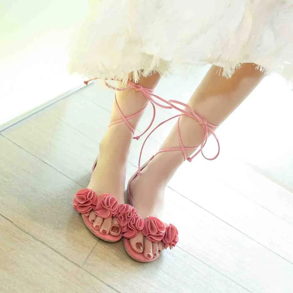 MIOKE Women's Bohemia Flowers Flat Sandals Open Toe Lace Up Strappy Comfort Boho Summer Beach Dress Shoes