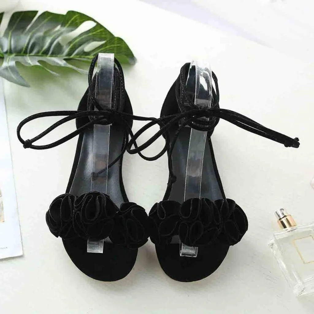 MIOKE Women's Bohemia Flowers Flat Sandals Open Toe Lace Up Strappy Comfort Boho Summer Beach Dress Shoes