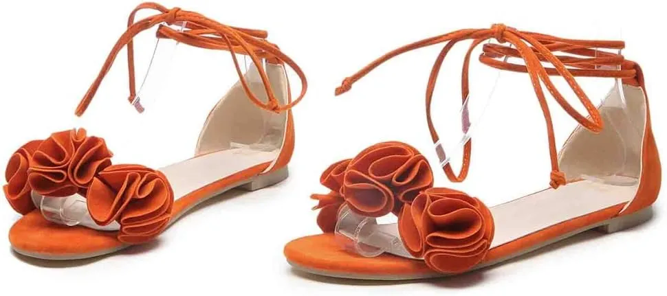MIOKE Women's Bohemia Flowers Flat Sandals Open Toe Lace Up Strappy Comfort Boho Summer Beach Dress Shoes