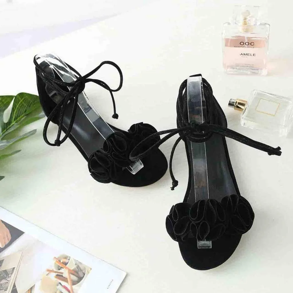 MIOKE Women's Bohemia Flowers Flat Sandals Open Toe Lace Up Strappy Comfort Boho Summer Beach Dress Shoes