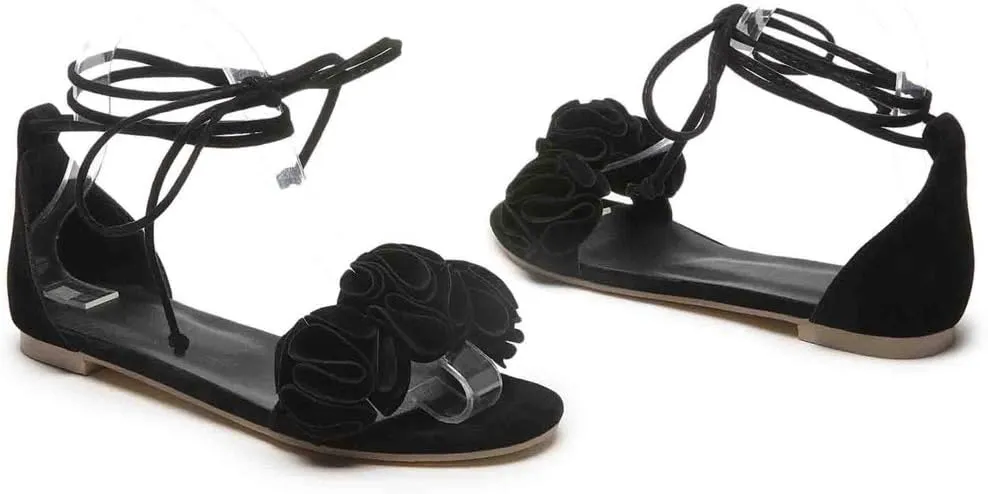 MIOKE Women's Bohemia Flowers Flat Sandals Open Toe Lace Up Strappy Comfort Boho Summer Beach Dress Shoes