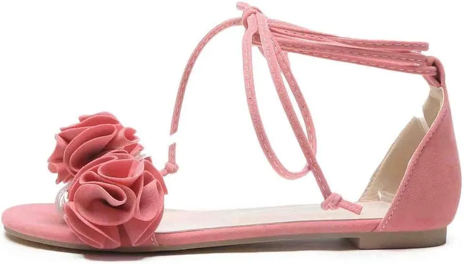 MIOKE Women's Bohemia Flowers Flat Sandals Open Toe Lace Up Strappy Comfort Boho Summer Beach Dress Shoes