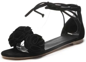 MIOKE Women's Bohemia Flowers Flat Sandals Open Toe Lace Up Strappy Comfort Boho Summer Beach Dress Shoes