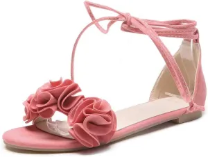 MIOKE Women's Bohemia Flowers Flat Sandals Open Toe Lace Up Strappy Comfort Boho Summer Beach Dress Shoes