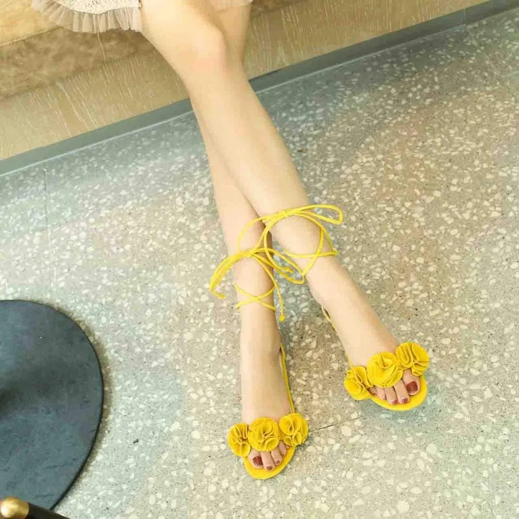 MIOKE Women's Bohemia Flowers Flat Sandals Open Toe Lace Up Strappy Comfort Boho Summer Beach Dress Shoes