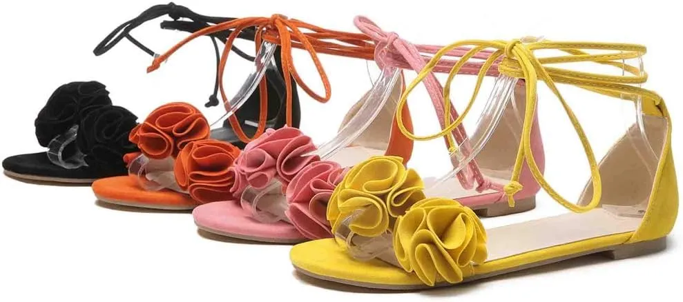 MIOKE Women's Bohemia Flowers Flat Sandals Open Toe Lace Up Strappy Comfort Boho Summer Beach Dress Shoes