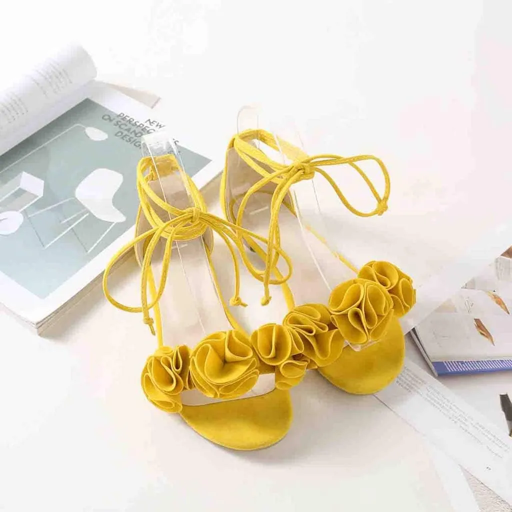 MIOKE Women's Bohemia Flowers Flat Sandals Open Toe Lace Up Strappy Comfort Boho Summer Beach Dress Shoes