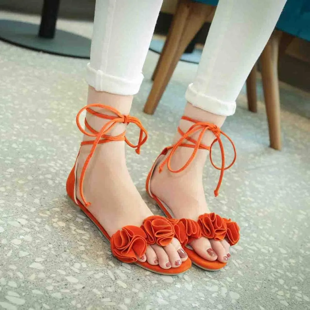 MIOKE Women's Bohemia Flowers Flat Sandals Open Toe Lace Up Strappy Comfort Boho Summer Beach Dress Shoes
