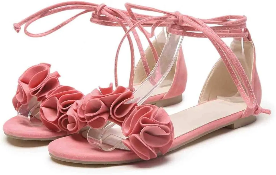 MIOKE Women's Bohemia Flowers Flat Sandals Open Toe Lace Up Strappy Comfort Boho Summer Beach Dress Shoes