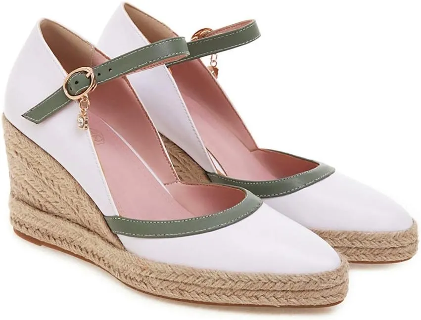 MIOKE Women's Espadrille Wedge Sandals Pointed Toe Buckle Ankle Strap Chunky Platform High Heel Dress Shoes